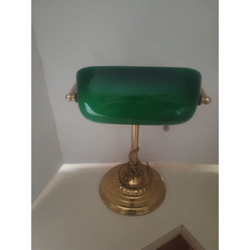 Vintage Brass Bankers Desk Library Pull String Lamp Emerald Green Glass...